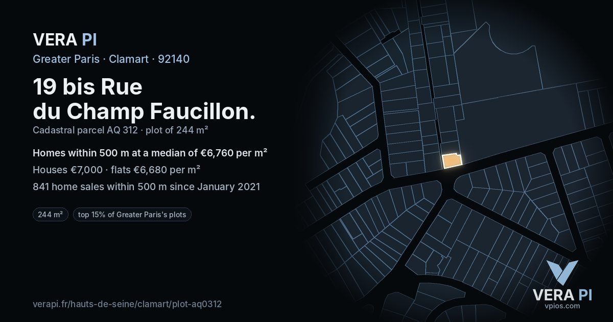 19 bis Rue du Champ Faucillon, Clamart at night – the plot lit, the parcels around coloured by the prices near them