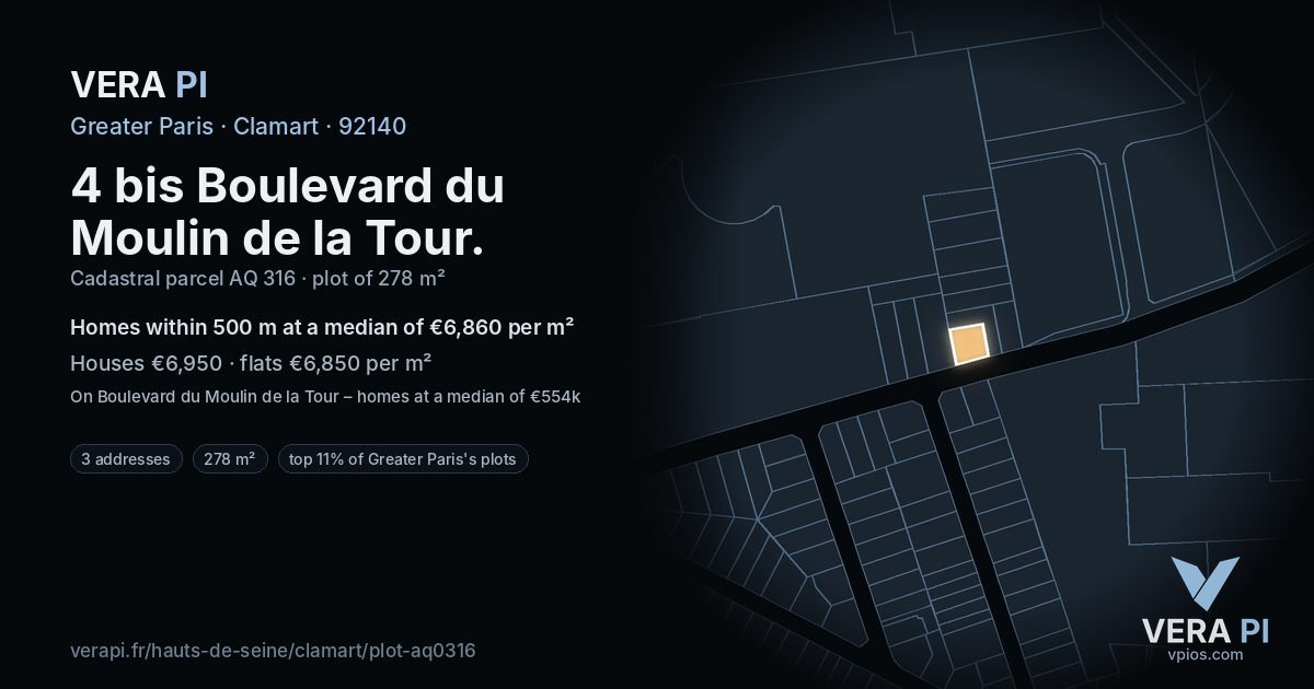 4 bis Boulevard du Moulin de la Tour, Clamart at night – the plot lit, the parcels around coloured by the prices near them