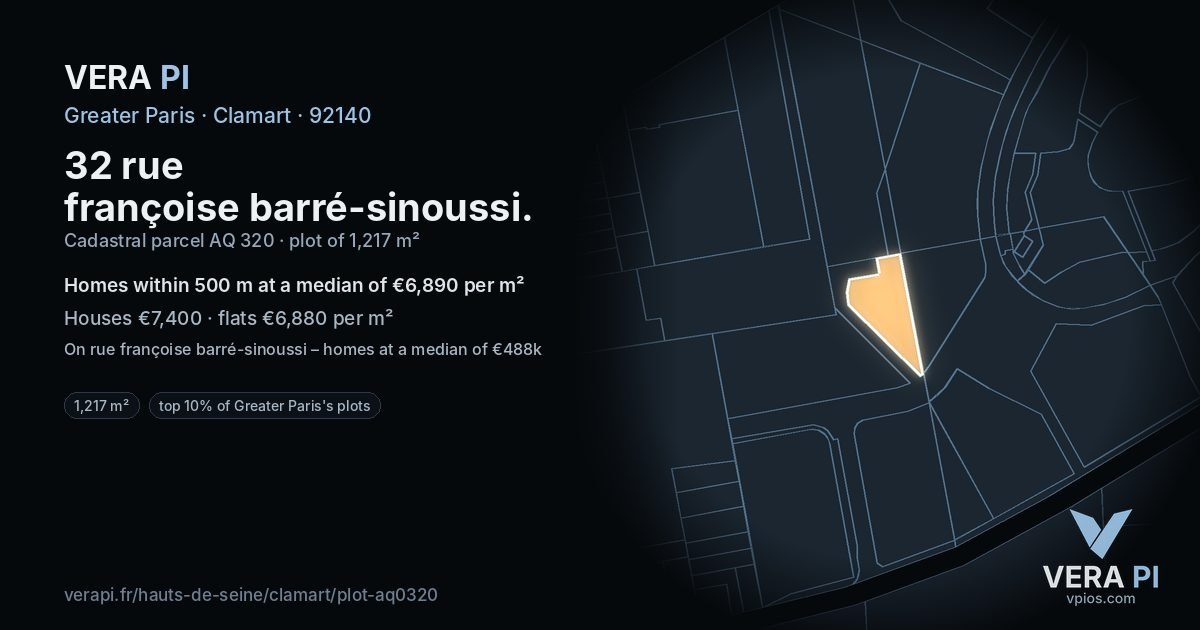 32 rue françoise barré-sinoussi, Clamart at night – the plot lit, the parcels around coloured by the prices near them