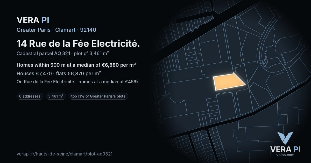 14 Rue de la Fée Electricité, Clamart at night – the plot lit, the parcels around coloured by the prices near them