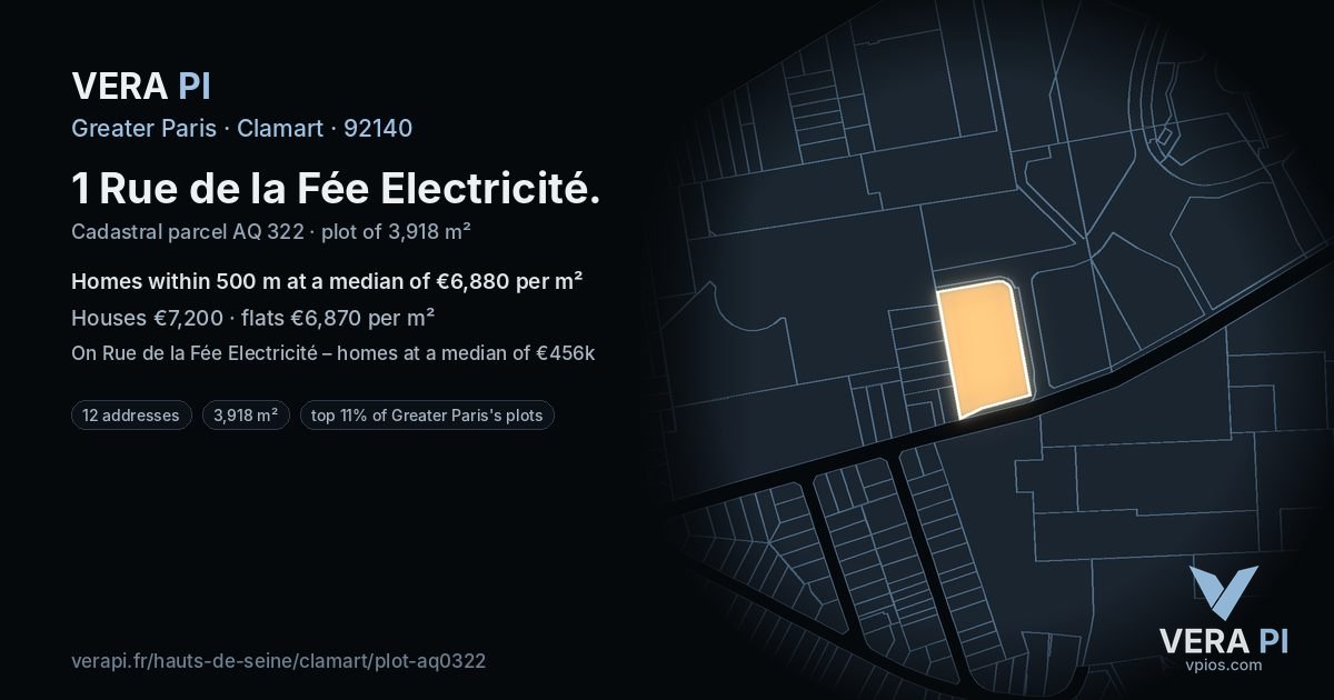 1 Rue de la Fée Electricité, Clamart at night – the plot lit, the parcels around coloured by the prices near them