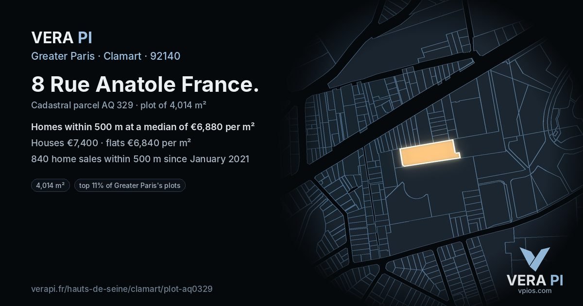 8 Rue Anatole France, Clamart at night – the plot lit, the parcels around coloured by the prices near them