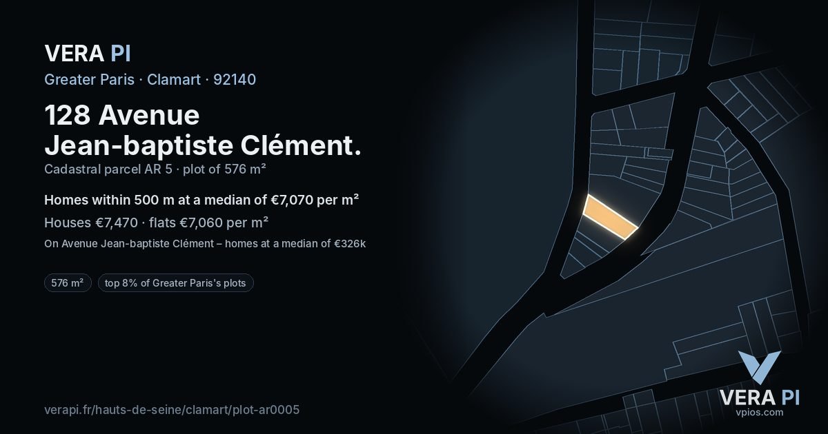 128 Avenue Jean-baptiste Clément, Clamart at night – the plot lit, the parcels around coloured by the prices near them