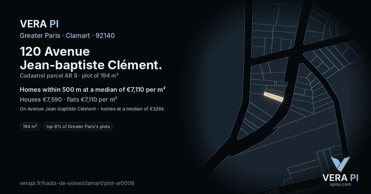 120 Avenue Jean-baptiste Clément, Clamart at night – the plot lit, the parcels around coloured by the prices near them