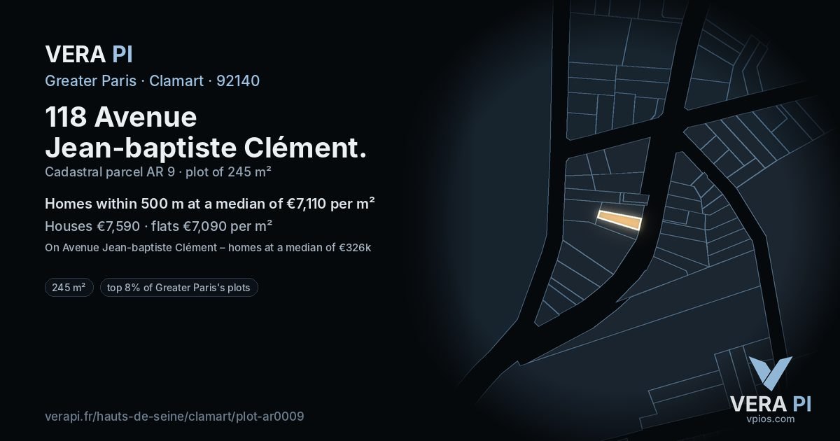 118 Avenue Jean-baptiste Clément, Clamart at night – the plot lit, the parcels around coloured by the prices near them