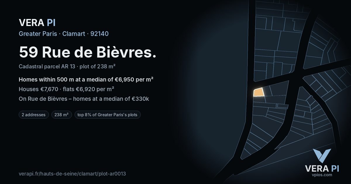 59 Rue de Bièvres, Clamart at night – the plot lit, the parcels around coloured by the prices near them