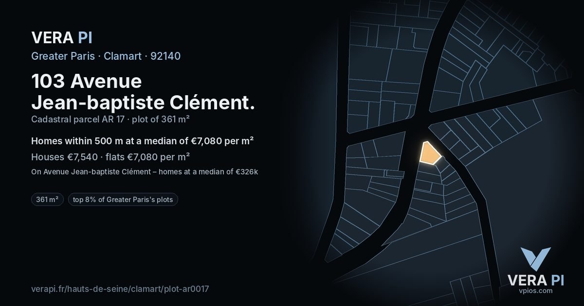 103 Avenue Jean-baptiste Clément, Clamart at night – the plot lit, the parcels around coloured by the prices near them