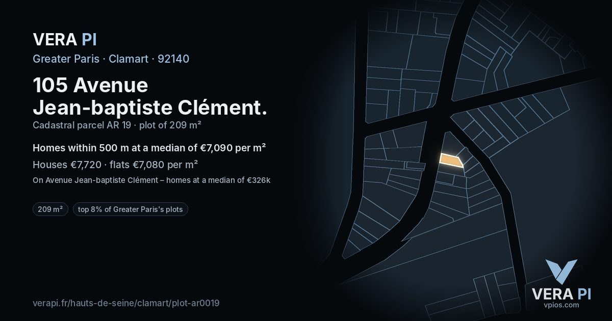 105 Avenue Jean-baptiste Clément, Clamart at night – the plot lit, the parcels around coloured by the prices near them