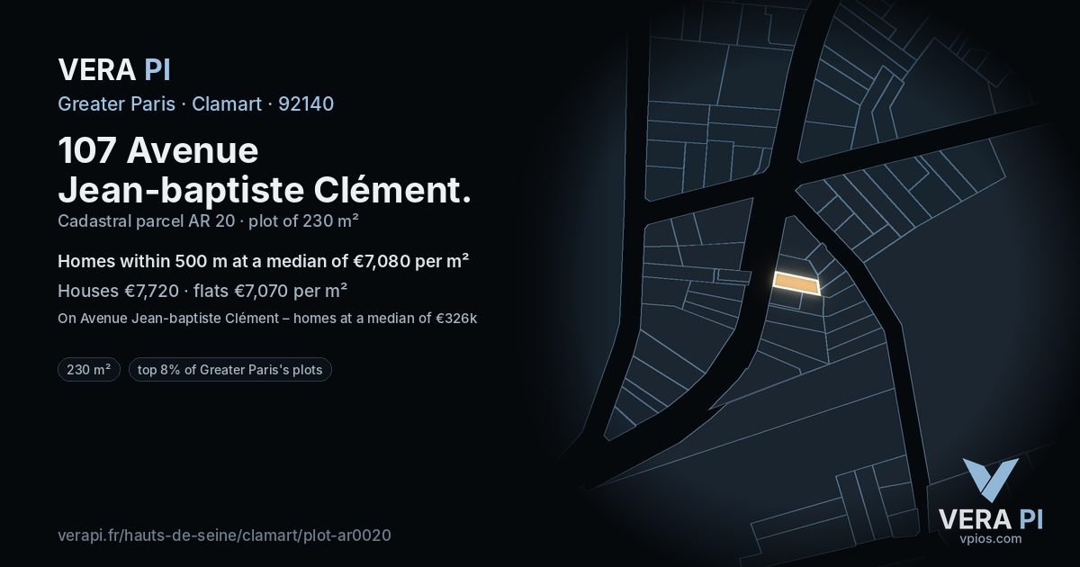 107 Avenue Jean-baptiste Clément, Clamart at night – the plot lit, the parcels around coloured by the prices near them