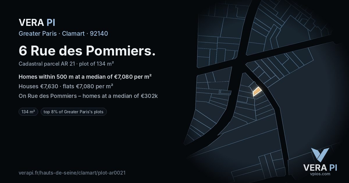 6 Rue des Pommiers, Clamart at night – the plot lit, the parcels around coloured by the prices near them