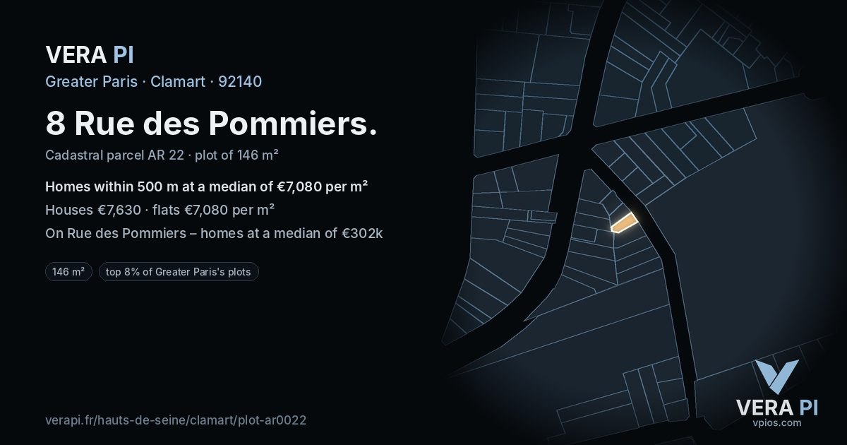 8 Rue des Pommiers, Clamart at night – the plot lit, the parcels around coloured by the prices near them