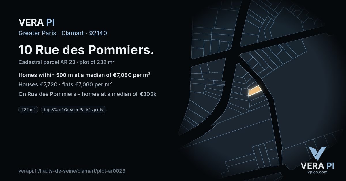 10 Rue des Pommiers, Clamart at night – the plot lit, the parcels around coloured by the prices near them