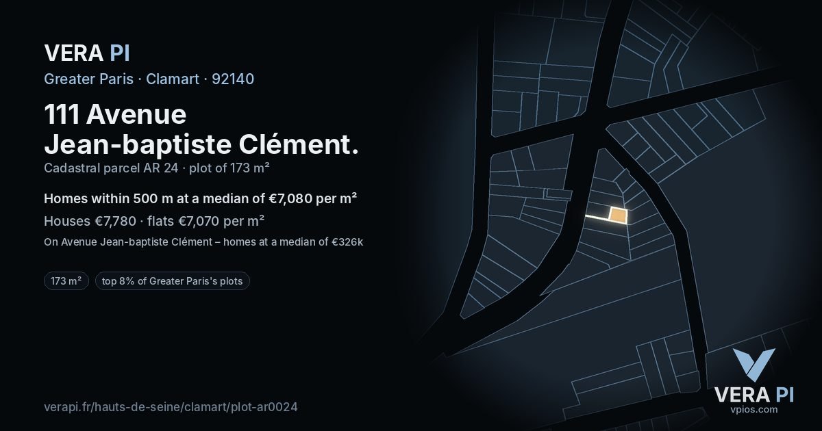 111 Avenue Jean-baptiste Clément, Clamart at night – the plot lit, the parcels around coloured by the prices near them