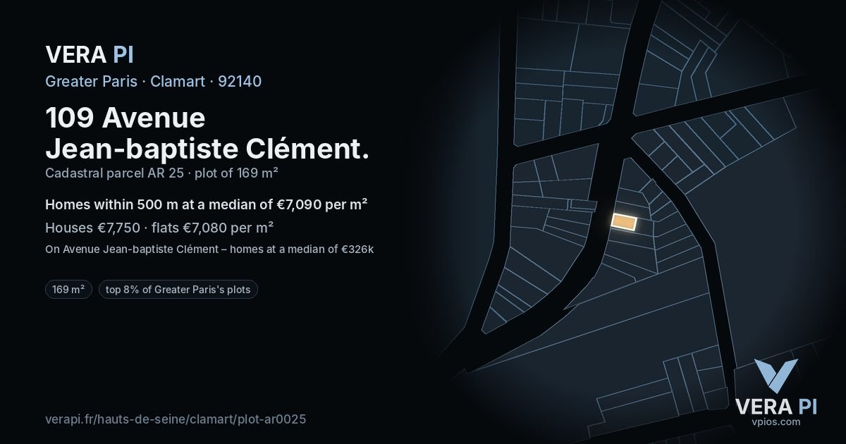 109 Avenue Jean-baptiste Clément, Clamart at night – the plot lit, the parcels around coloured by the prices near them