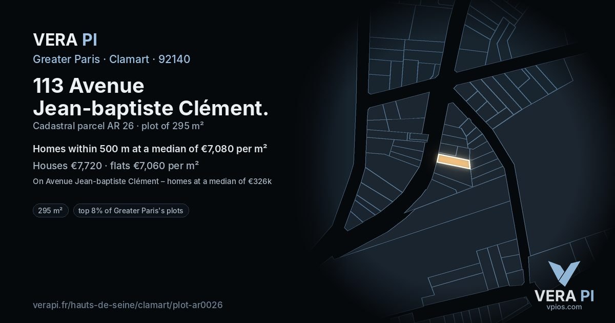 113 Avenue Jean-baptiste Clément, Clamart at night – the plot lit, the parcels around coloured by the prices near them