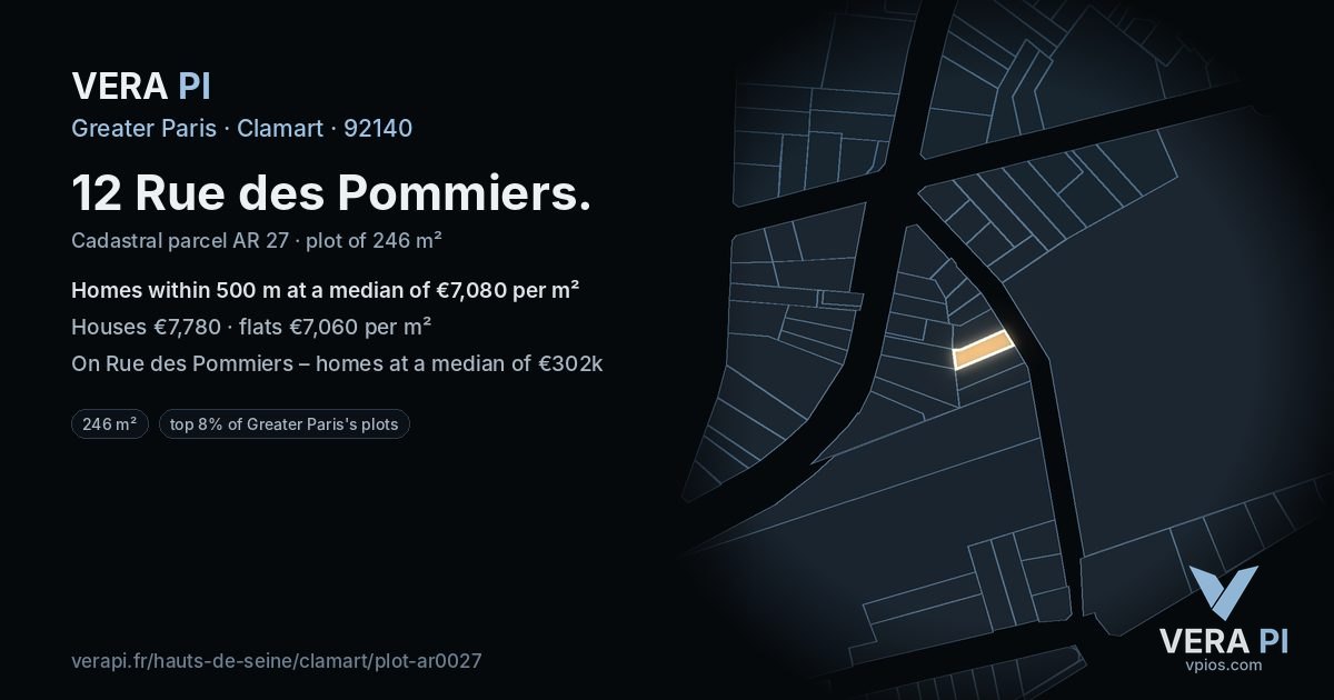 12 Rue des Pommiers, Clamart at night – the plot lit, the parcels around coloured by the prices near them