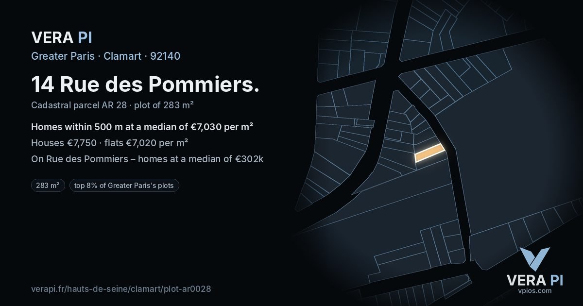 14 Rue des Pommiers, Clamart at night – the plot lit, the parcels around coloured by the prices near them