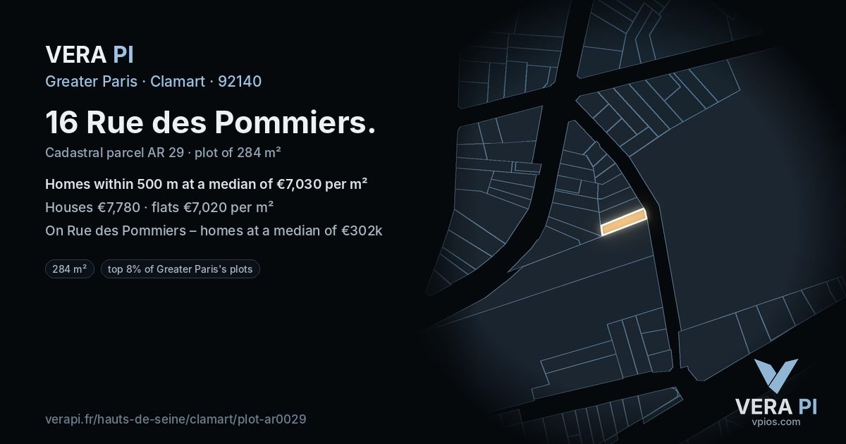16 Rue des Pommiers, Clamart at night – the plot lit, the parcels around coloured by the prices near them
