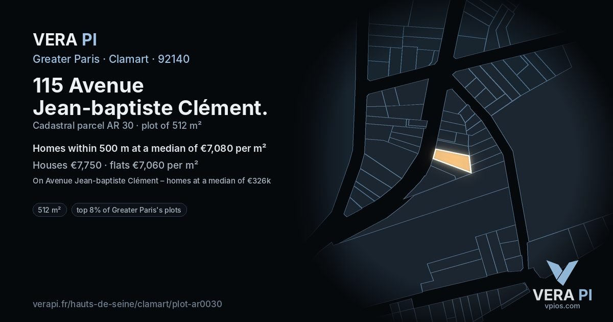 115 Avenue Jean-baptiste Clément, Clamart at night – the plot lit, the parcels around coloured by the prices near them