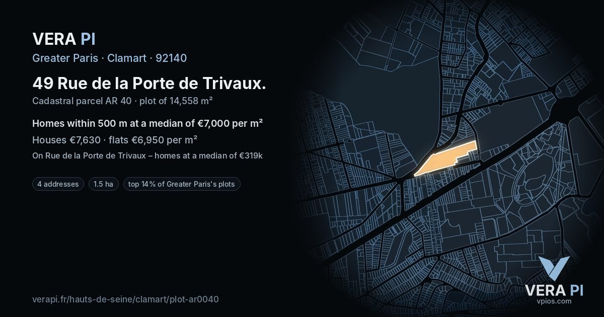 49 Rue de la Porte de Trivaux, Clamart at night – the plot lit, the parcels around coloured by the prices near them