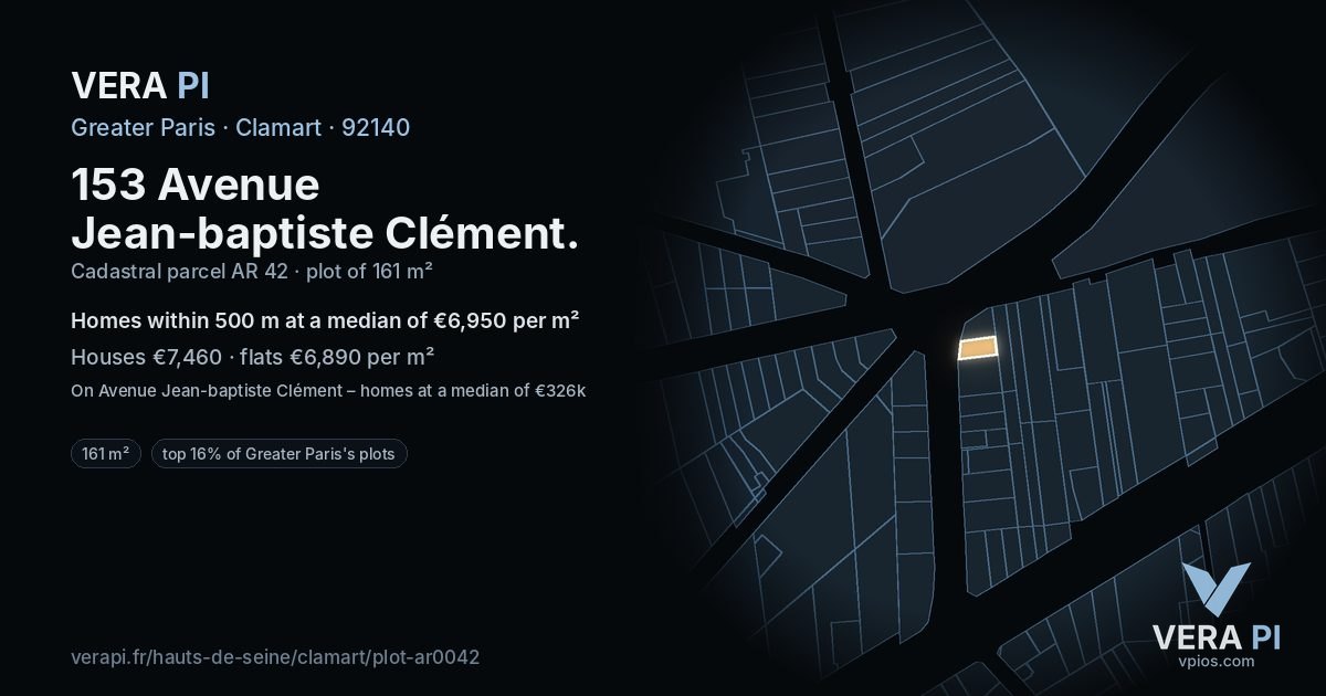 153 Avenue Jean-baptiste Clément, Clamart at night – the plot lit, the parcels around coloured by the prices near them
