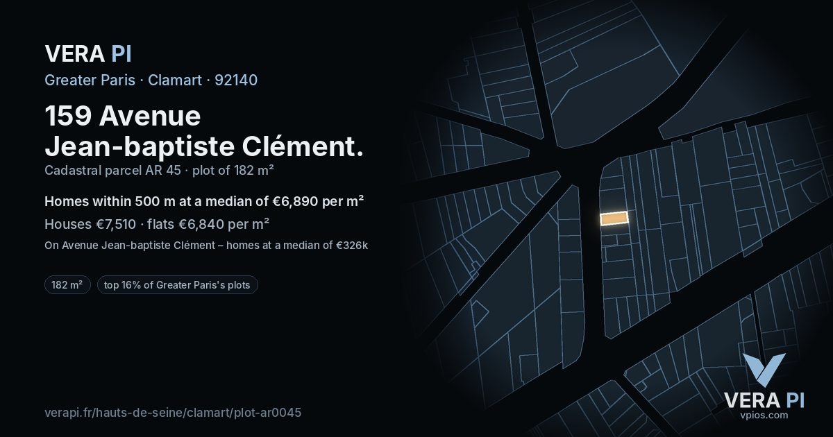 159 Avenue Jean-baptiste Clément, Clamart at night – the plot lit, the parcels around coloured by the prices near them