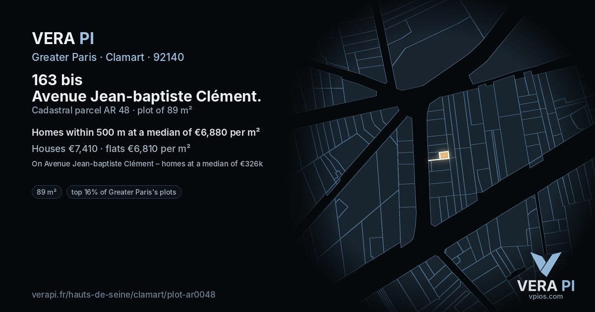 163 bis Avenue Jean-baptiste Clément, Clamart at night – the plot lit, the parcels around coloured by the prices near them