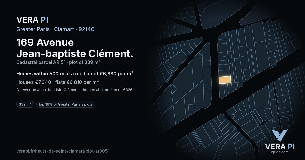 169 Avenue Jean-baptiste Clément, Clamart at night – the plot lit, the parcels around coloured by the prices near them
