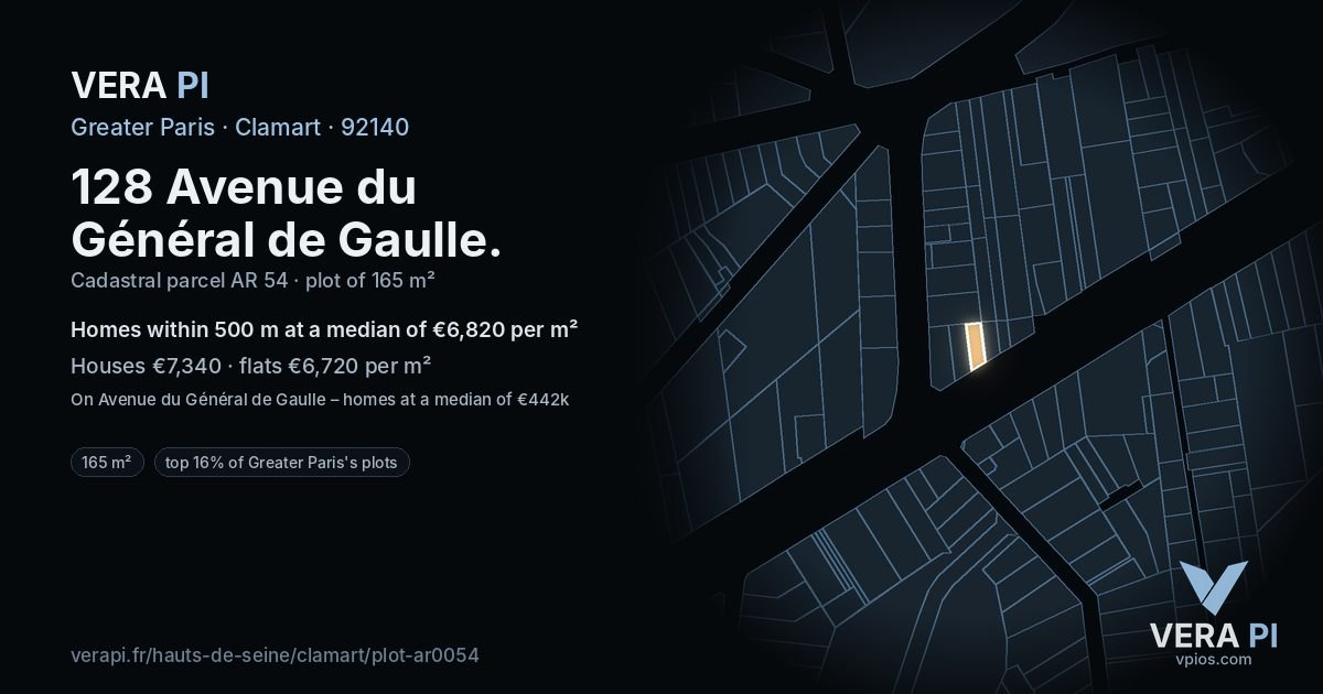 128 Avenue du Général de Gaulle, Clamart at night – the plot lit, the parcels around coloured by the prices near them
