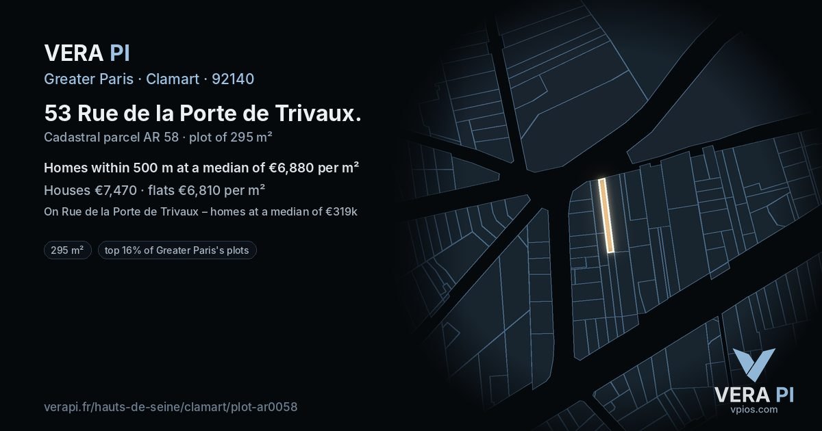 53 Rue de la Porte de Trivaux, Clamart at night – the plot lit, the parcels around coloured by the prices near them