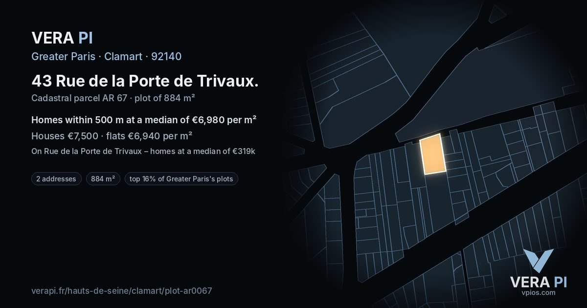 43 Rue de la Porte de Trivaux, Clamart at night – the plot lit, the parcels around coloured by the prices near them