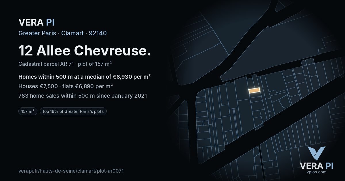 12 Allee Chevreuse, Clamart at night – the plot lit, the parcels around coloured by the prices near them