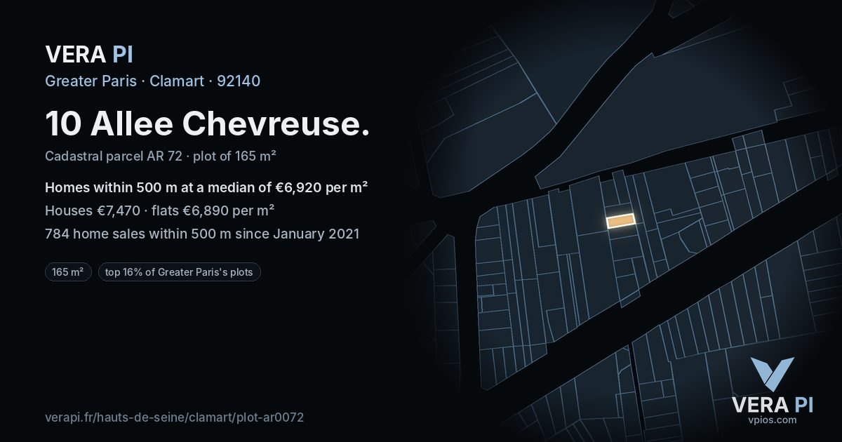 10 Allee Chevreuse, Clamart at night – the plot lit, the parcels around coloured by the prices near them