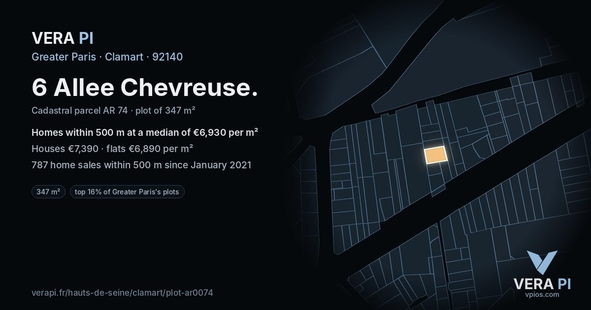 6 Allee Chevreuse, Clamart at night – the plot lit, the parcels around coloured by the prices near them
