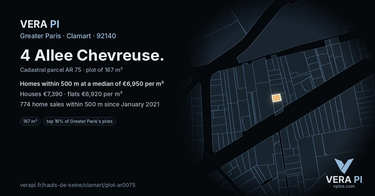 4 Allee Chevreuse, Clamart at night – the plot lit, the parcels around coloured by the prices near them