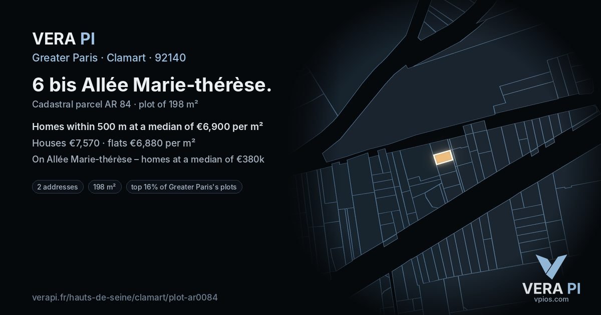 6 bis Allée Marie-thérèse, Clamart at night – the plot lit, the parcels around coloured by the prices near them