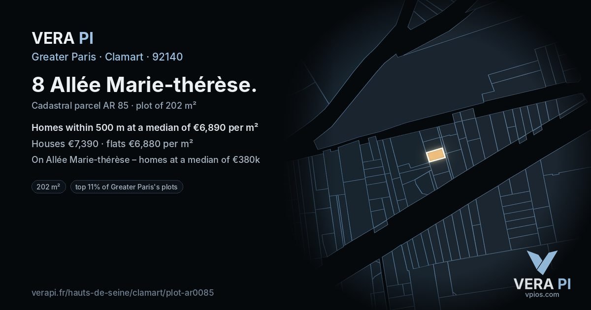 8 Allée Marie-thérèse, Clamart at night – the plot lit, the parcels around coloured by the prices near them