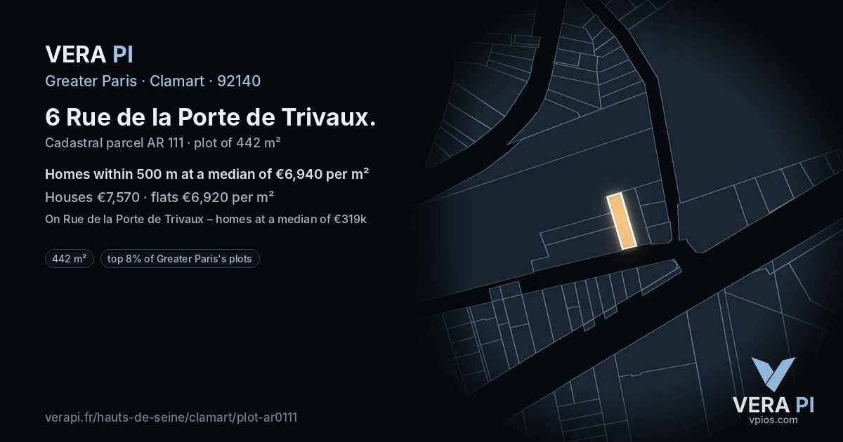 6 Rue de la Porte de Trivaux, Clamart at night – the plot lit, the parcels around coloured by the prices near them