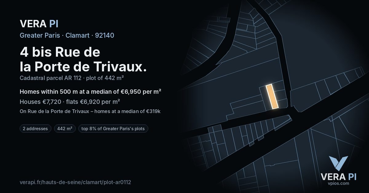 4 bis Rue de la Porte de Trivaux, Clamart at night – the plot lit, the parcels around coloured by the prices near them
