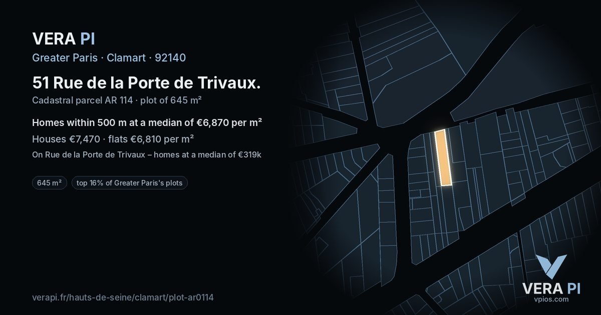 51 Rue de la Porte de Trivaux, Clamart at night – the plot lit, the parcels around coloured by the prices near them