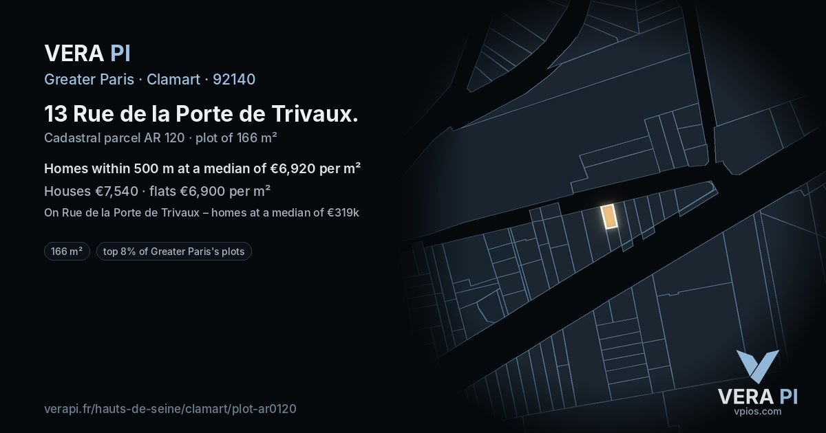 13 Rue de la Porte de Trivaux, Clamart at night – the plot lit, the parcels around coloured by the prices near them