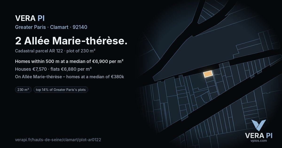 2 Allée Marie-thérèse, Clamart at night – the plot lit, the parcels around coloured by the prices near them