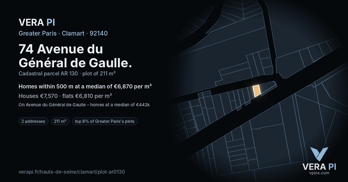 74 Avenue du Général de Gaulle, Clamart at night – the plot lit, the parcels around coloured by the prices near them