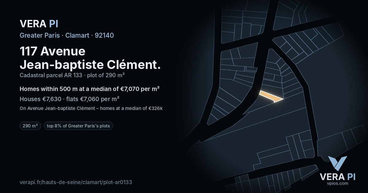 117 Avenue Jean-baptiste Clément, Clamart at night – the plot lit, the parcels around coloured by the prices near them