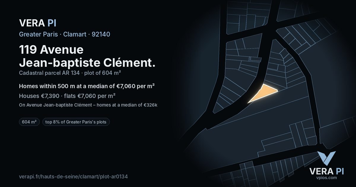 119 Avenue Jean-baptiste Clément, Clamart at night – the plot lit, the parcels around coloured by the prices near them