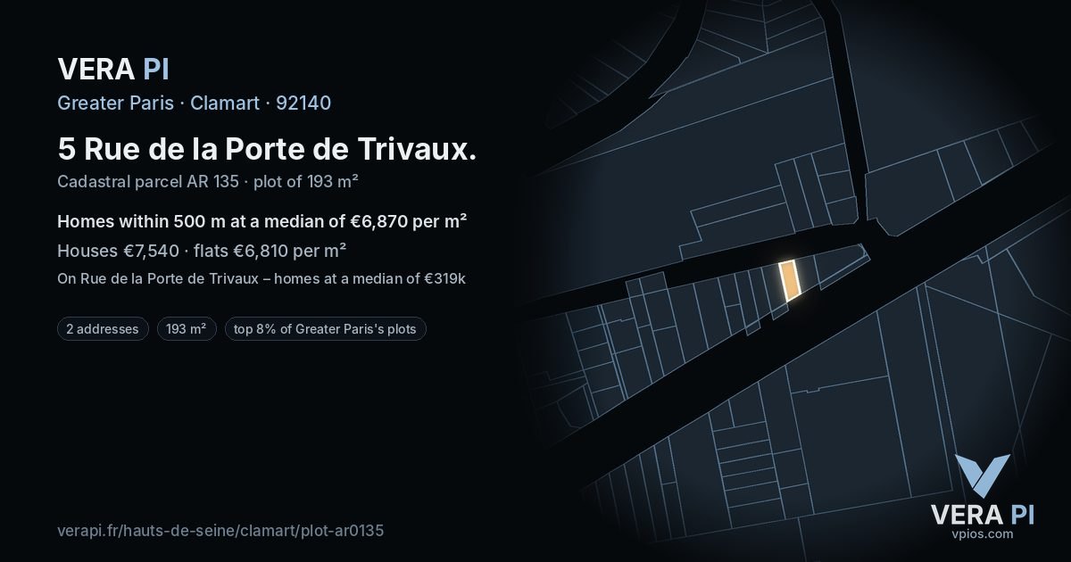 5 Rue de la Porte de Trivaux, Clamart at night – the plot lit, the parcels around coloured by the prices near them