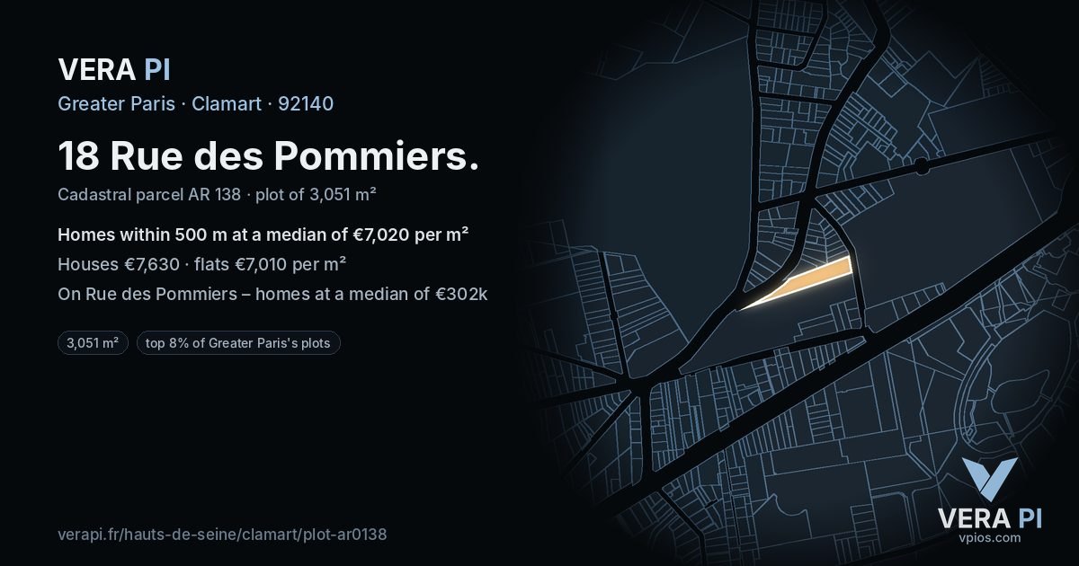 18 Rue des Pommiers, Clamart at night – the plot lit, the parcels around coloured by the prices near them