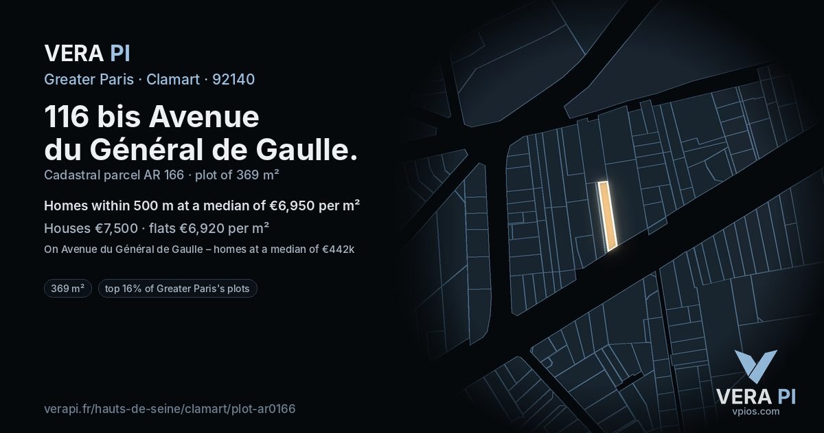 116 bis Avenue du Général de Gaulle, Clamart at night – the plot lit, the parcels around coloured by the prices near them