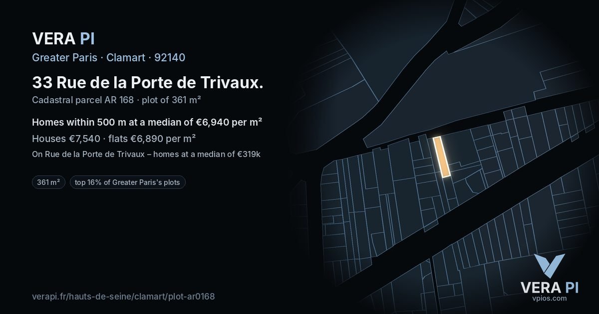 33 Rue de la Porte de Trivaux, Clamart at night – the plot lit, the parcels around coloured by the prices near them