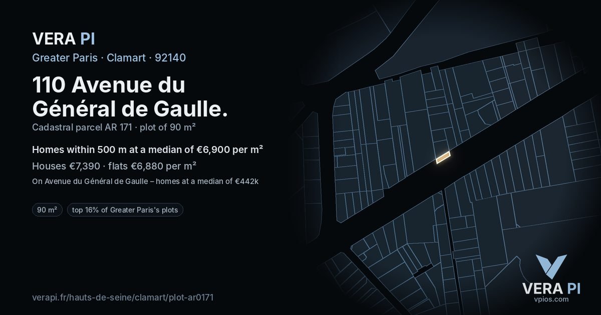 110 Avenue du Général de Gaulle, Clamart at night – the plot lit, the parcels around coloured by the prices near them